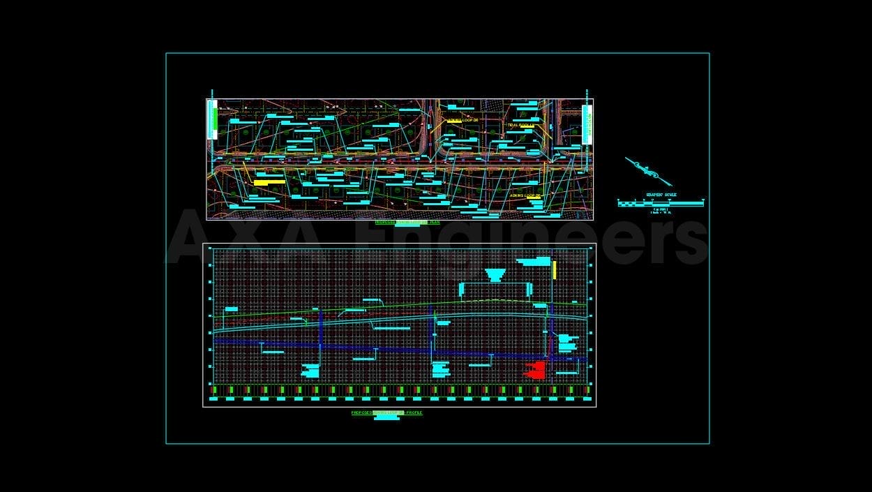 Civil Engineering Outsourcing Technical engineering diagram with intricate lines, shapes, and labels in a variety of colors against a black background, showcasing both vertical and horizontal grids. This detailed illustration is perfectly suited for civil engineering outsourcing requirements. The background features a subtle watermark text.