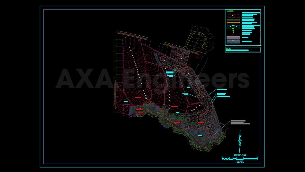 Civil Engineering Outsourcing A detailed engineering schematic, adorned with various colored lines and annotations to represent infrastructure or construction components, underscores the concept of civil engineering outsourcing. The image prominently features the text AXA Engineers. This plan includes an extensive legend and scale, reflecting meticulous attention to detail.