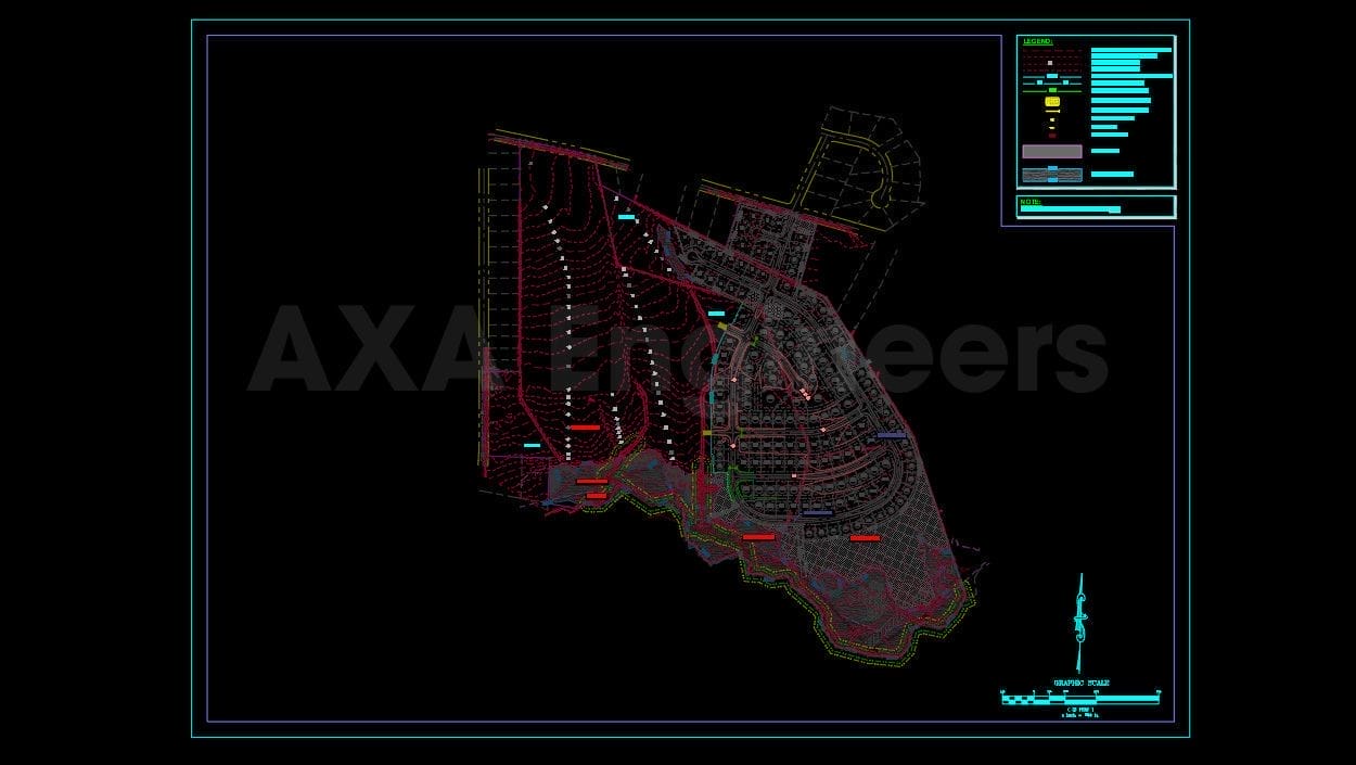 Civil Engineering Outsourcing On a black background, a technical engineering drawing displays an array of lines, symbols, and shapes. It includes a labeled sidebar with precise measurements and a directional compass at the bottom, highlighting AXA Engineers proficiency in outsourcing civil engineering services.