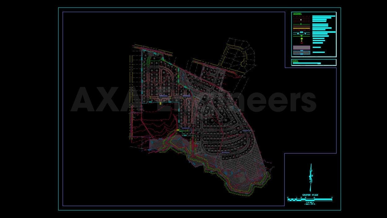 Civil Engineering Outsourcing A comprehensive architectural blueprint showcasing site plans and layout for a residential area, enriched by the accuracy achieved through outsourcing civil engineering services. This plan features roads, plots, and infrastructure, distinguished by various colors on a black background and accompanied by detailed technical specifications and measurements.