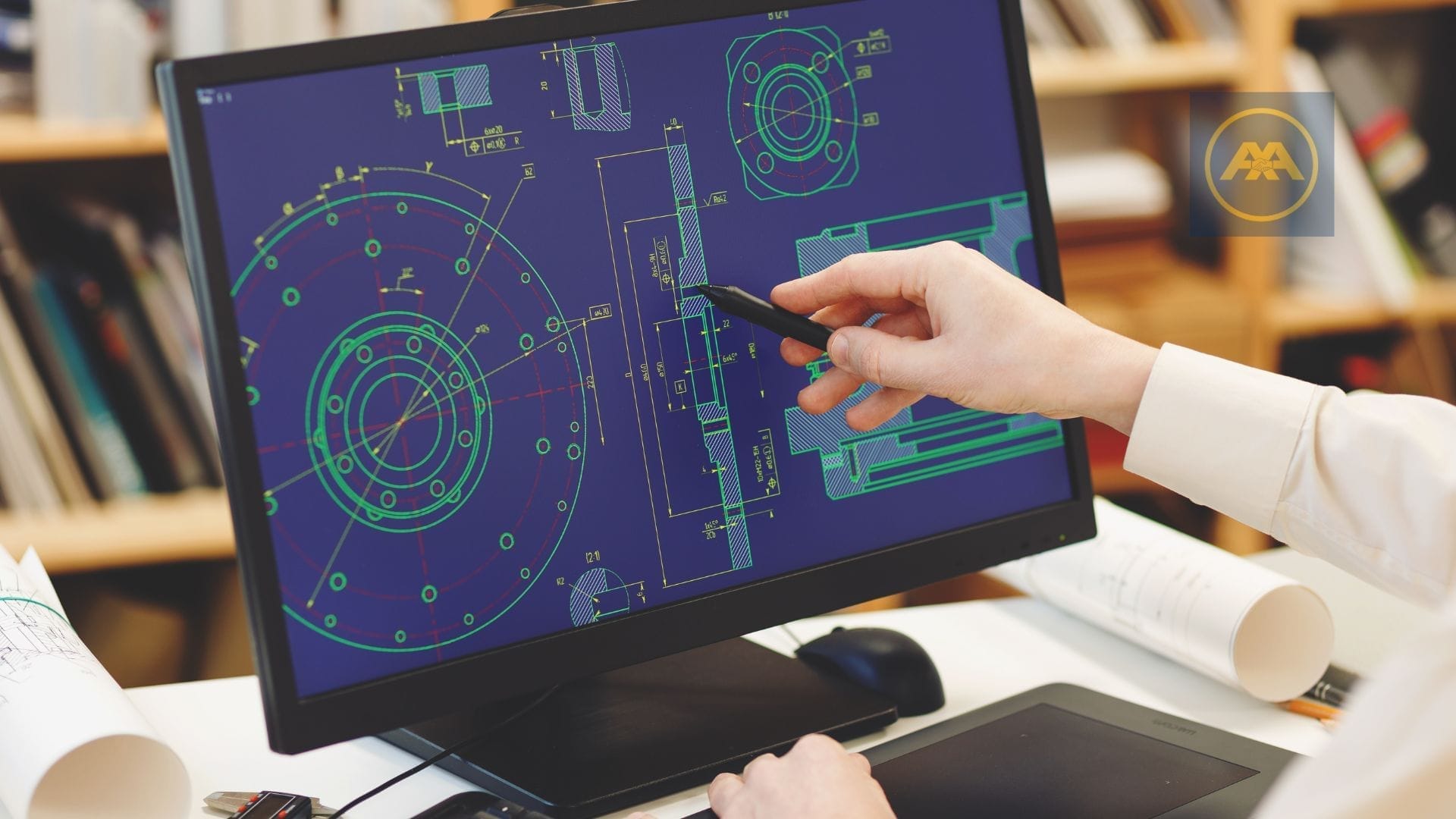A person points with a pen at technical drawings on a computer screen, which displays detailed mechanical schematics with a blue background. Rolled-up blueprints sit nearby on the desk, hinting at outsourcing mechanical services. Shelves with books and items create an organized backdrop.