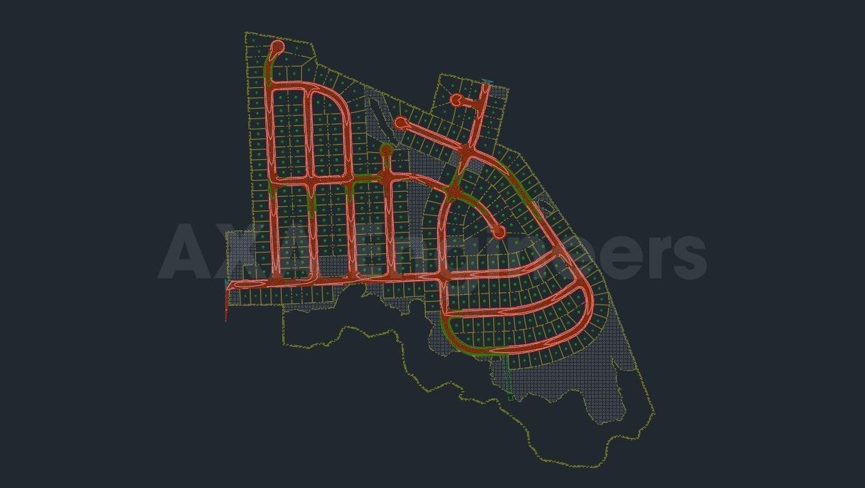 Civil Engineering Outsourcing A map layout featuring red and green lines displays a road network arranged in a grid pattern, possibly designed through outsourcing in civil engineering. The dark background accentuates the roads, clearly showcasing the planned or existing streets in the area.