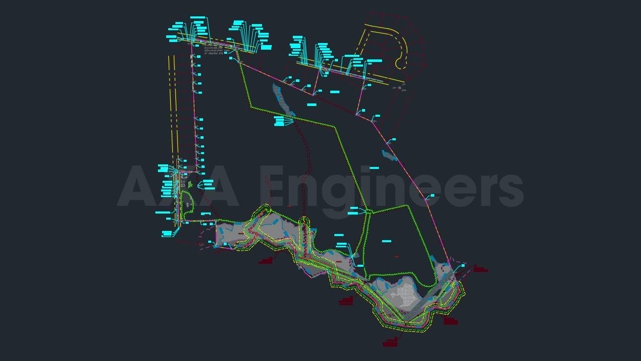 Civil Engineering Outsourcing A detailed technical drawing with a network of multicolored lines, shapes, and symbols on a dark background showcases the precision involved in outsourcing for civil engineering projects. The words AK+A Engineers are faintly visible across the middle.