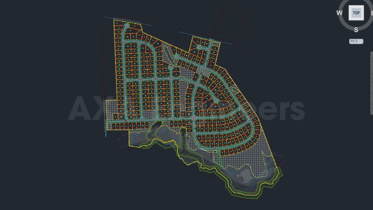 Civil Engineering Outsourcing A comprehensive map layout presents a suburban development plan, improved through the outsourcing of civil engineering services. The plan features neatly organized streets and plots, with both curved and straight roads creating a grid pattern with intersecting paths. Spaces are clearly outlined for greenery or future structures, emphasizing the meticulous planning involved.