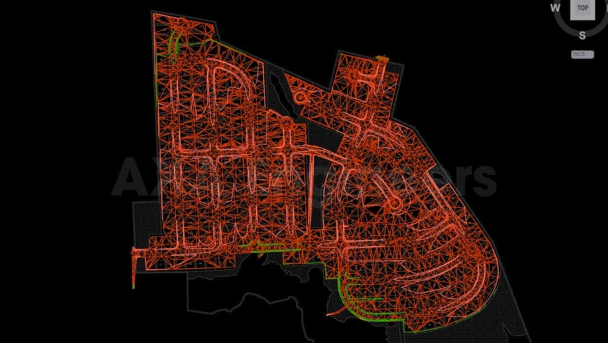 Civil Engineering Outsourcing A complex orange wireframe, resembling a city or circuit layout against a black background, showcases intricate network paths. Green accents highlight boundary lines, which are crucial for projects involving outsourcing in civil engineering. The compass direction is noted in the upper right corner.