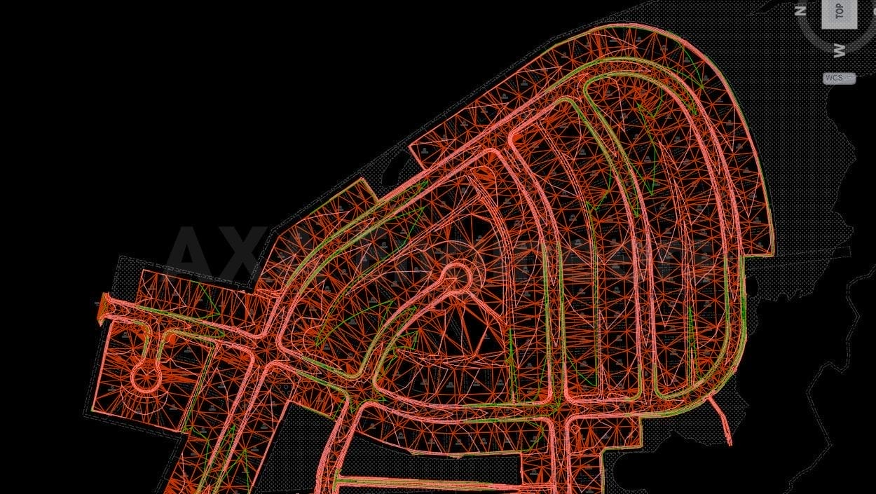Civil Engineering Outsourcing An abstract depiction of a network of roads and pathways in vibrant red and green lines on a black background, resembling either a circuit board or an urban planning map. This intricate design showcases the meticulous precision involved in civil engineering outsourcing, with the compass rose in the top right providing orientation.