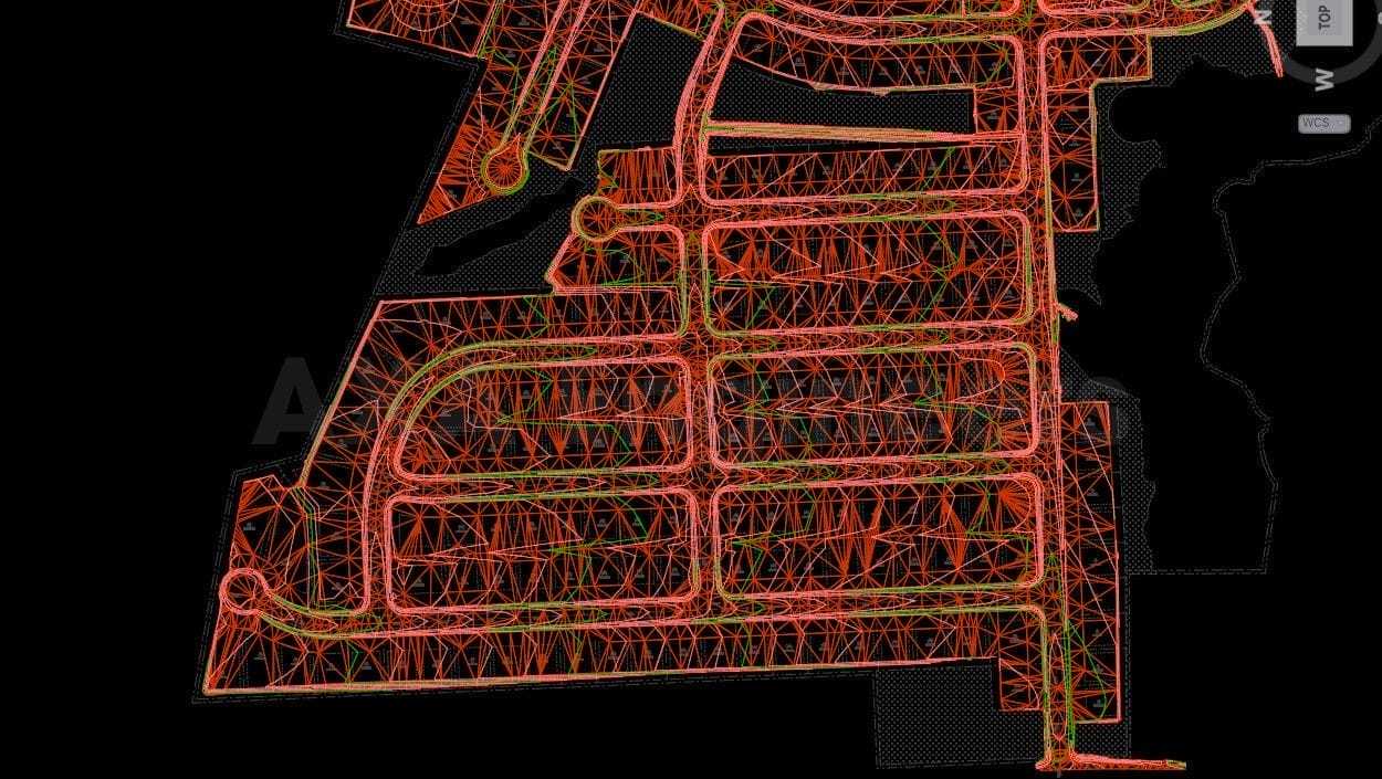 Civil Engineering Outsourcing A complex network of red and green lines on a black background forms an intricate, web-like pattern resembling a topographic map or an outsourced civil engineering blueprint, complete with various geometric shapes and pathways.