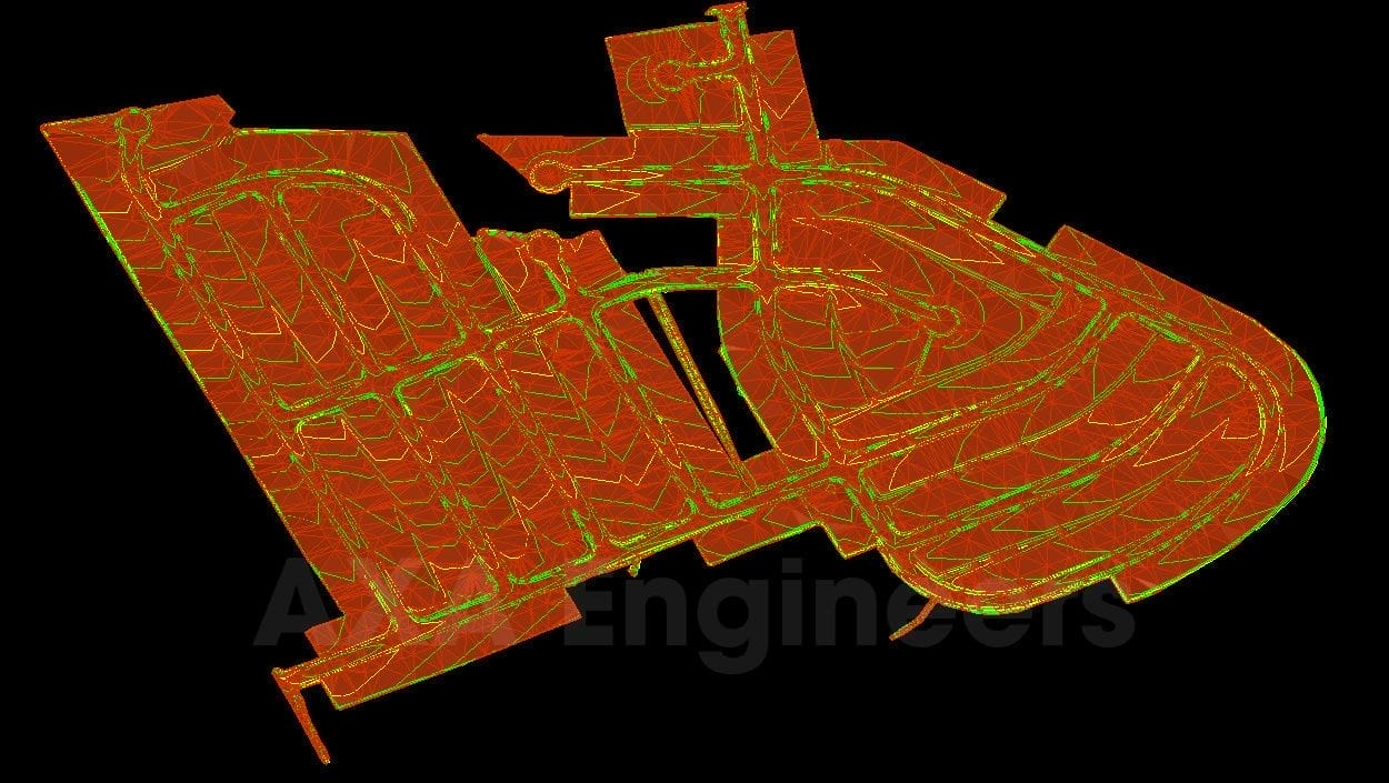 Civil Engineering Outsourcing A sophisticated digital artwork showcases an array of orange and green geometric shapes intertwined on a black background. These shapes, reminiscent of civil engineering outsourcing schematics, form a complex pattern akin to interconnected circuitry or detailed schematic designs.