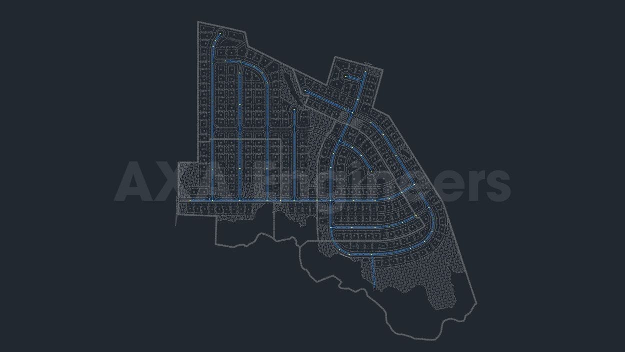 Civil Engineering Outsourcing A topographical map outlined in black and blue provides a detailed aerial view of a citys layout, perfect for outsourcing civil engineering projects. Streets and plots are meticulously marked, set against a dark background to emphasize roads and divisions.