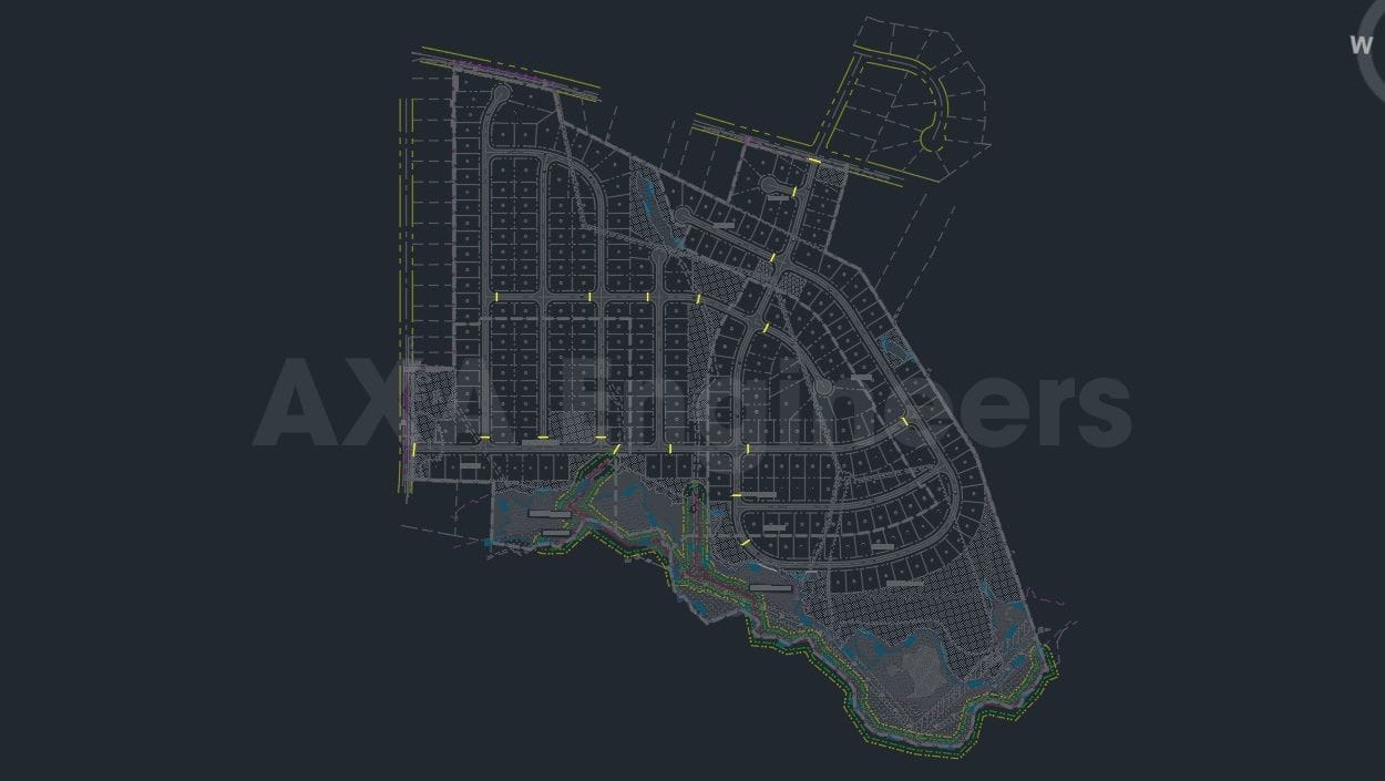 Civil Engineering Outsourcing A comprehensive architectural site plan displayed on a dark background features a grid layout of streets, lots, and winding roads. Highlighting civil engineering outsourcing, the plan incorporates outlined areas and annotations, resembling the intricate design of a residential development.