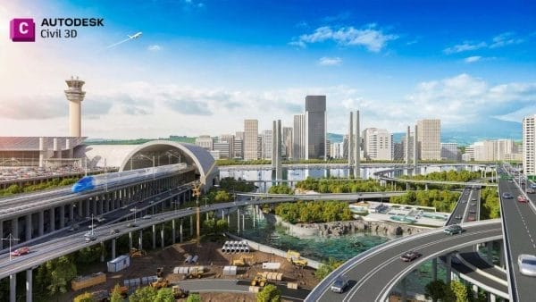 A vibrant cityscape featuring modern architecture, a complex highway system, and a river. A train travels on an elevated track, while cars move below. Skyscrapers line the skyline with a plane soaring in the blue sky above, reminiscent of seamless file sharing in Civil 3D models.