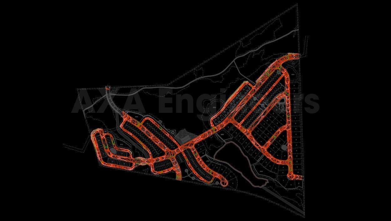Civil Engineering Outsourcing Aerial view of a road network map featuring highlighted routes in vivid orange against a black background. The design of these roads, shaped into a complex pattern within an irregular boundary, is the result of civil engineering outsourcing. Partially visible text overlays provide additional context to the image.