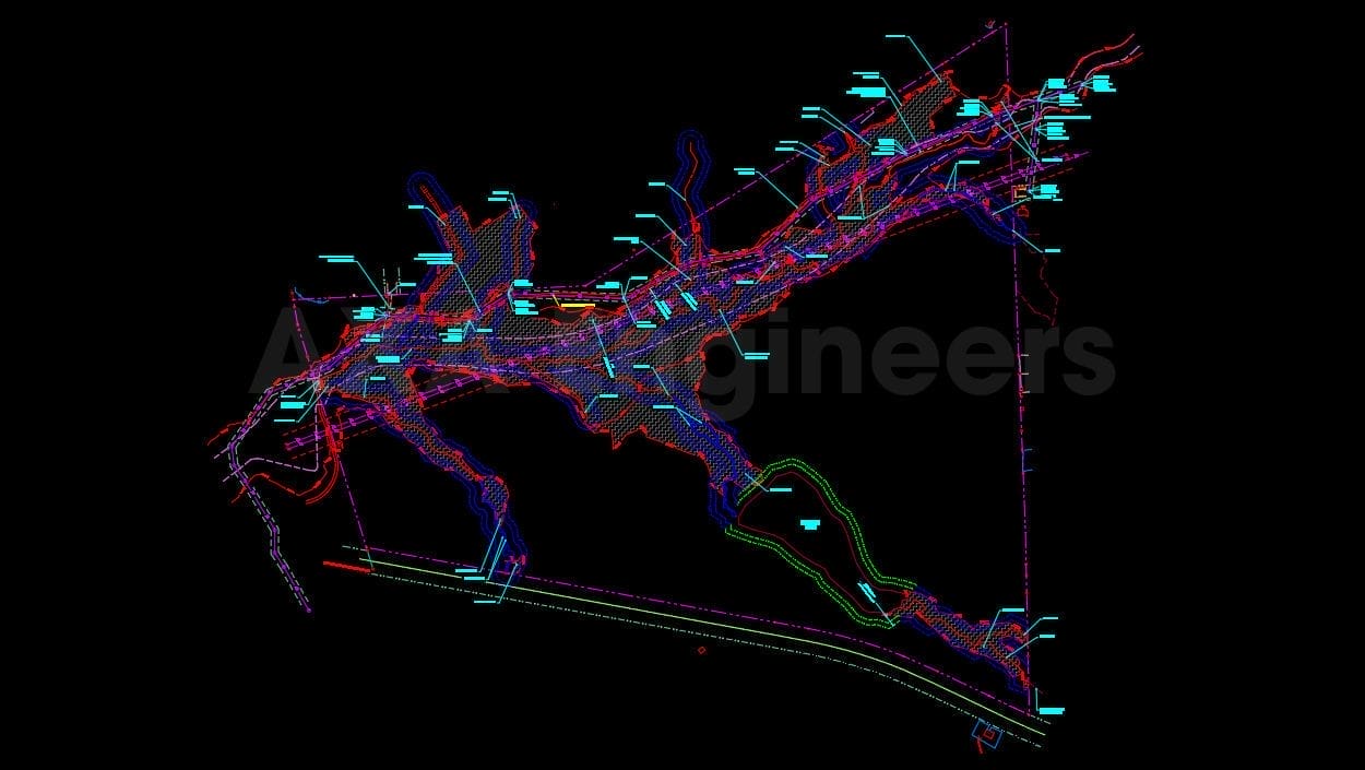 Civil Engineering Outsourcing A complex digital map featuring colorful interconnected lines and labels, potentially symbolizing civil engineering data obtained through outsourcing. The black background accentuates the vibrant network of red, blue, and green lines, vividly illustrating the projects intricate details.