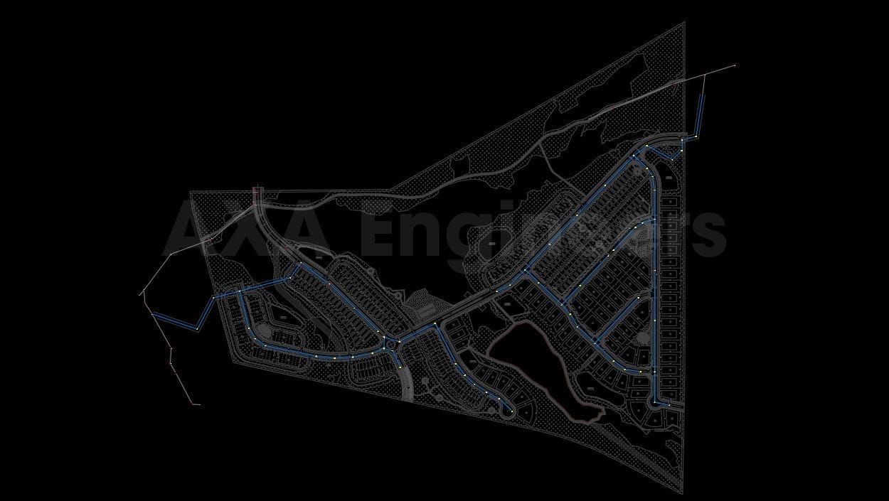 Civil Engineering Outsourcing A comprehensive blueprint of a land development plan set against a black background. Created with the assistance of outsourced civil engineering services, the design features roads, plots, and blue lines to represent water or drainage systems, all enclosed within a triangular boundary.