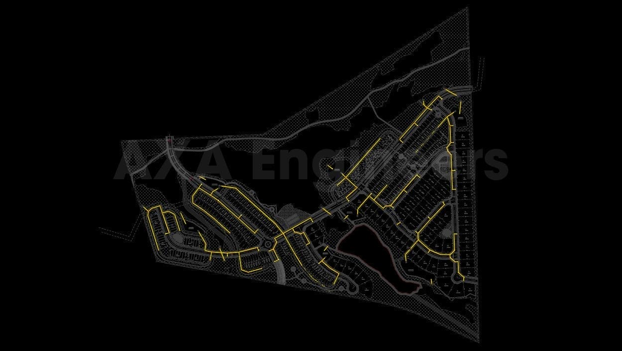 Civil Engineering Outsourcing A blueprint-style map illustrating a residential area layout, meticulously designed through the expertise of civil engineering outsourcing. The roads stand out in yellow against a black backdrop, showcasing various curving streets and intersections. The map prominently displays the AXA Engineers label.