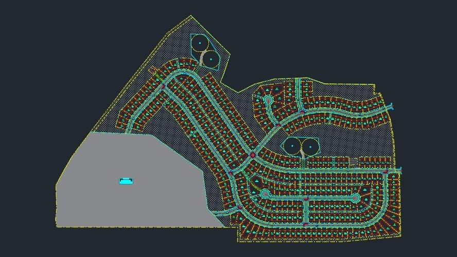 A detailed blueprint of Mill Stone Developments residential site showcases terrain features with colorful lines on a dark background. The layout includes roads, plots, and green spaces, highlighting the areas ecology along with a large grey area and several circular features.