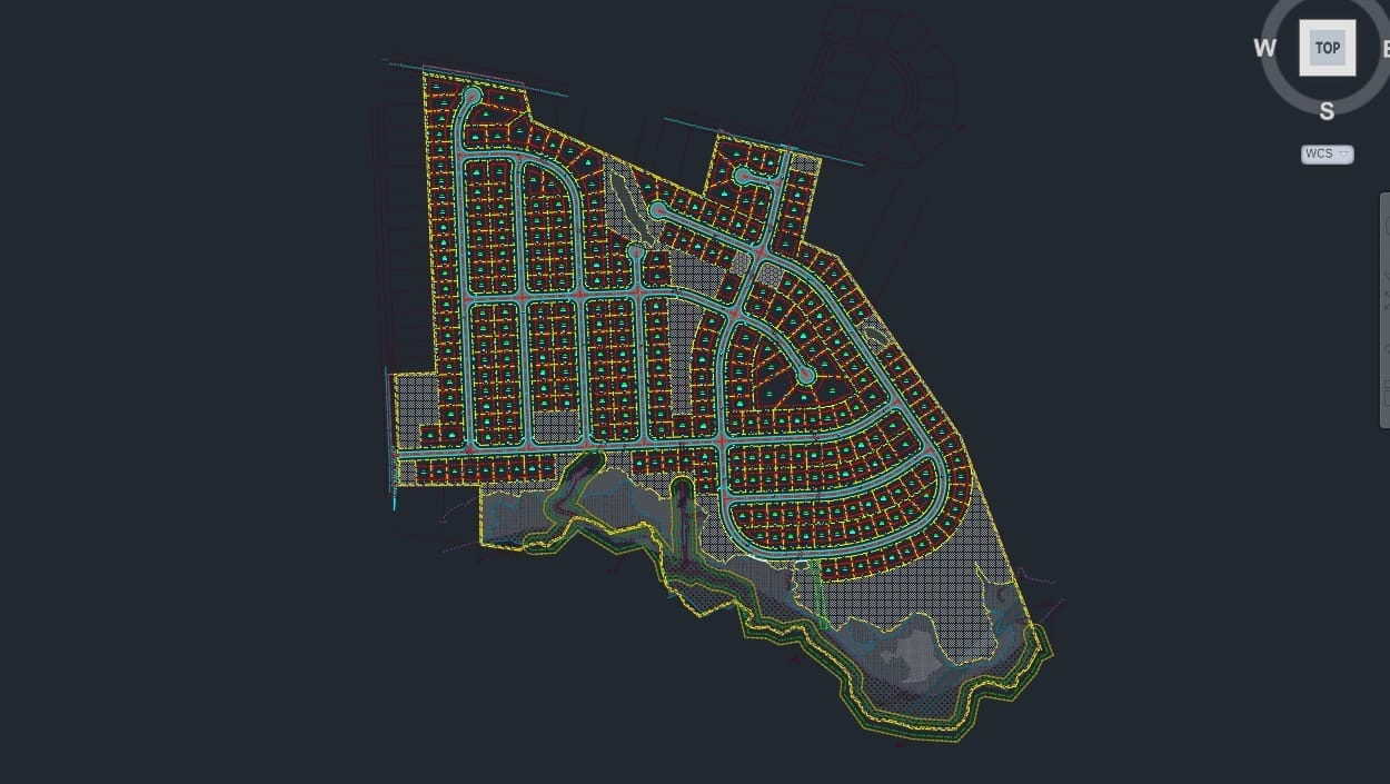 A detailed digital map displaying a residential development layout showcases engineering solutions, featuring a grid of streets lined with red and blue dots—likely representing plots or buildings—adjacent to a zigzagged outline resembling a natural boundary, promoting balanced earthwork and sustainable drainage.