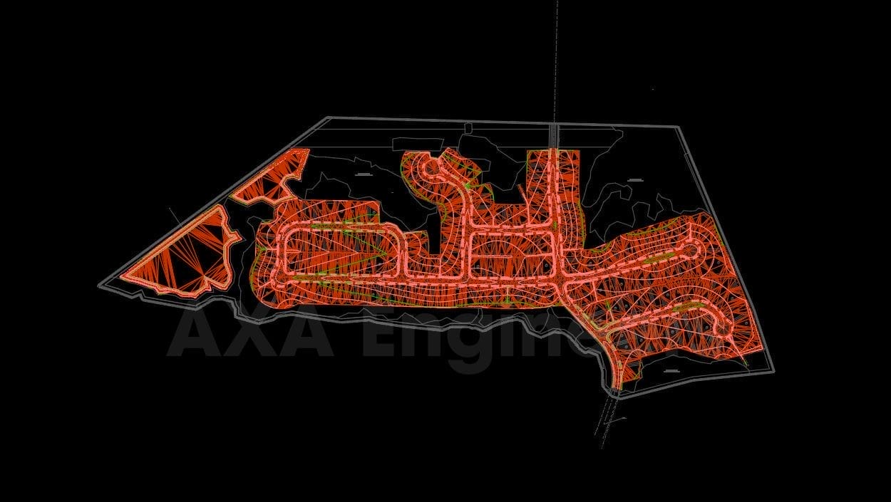 Topographical map with red and yellow lines on a black background, showcasing a detailed and intricate street layout of Tranquil Valley Development. The map includes curves and straight segments, suggesting a complex urban design amidst potential environmental challenges. Text ΑΧΑ Engineers is visible.