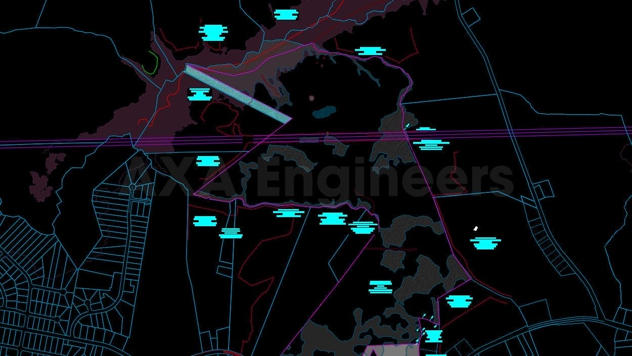 Abstract digital map with blue lines and shapes on a black background, resembling topographical or urban design elements. Faintly visible overlaid is XYZ Engineers, reflecting development strategies amidst environmental challenges faced by the tranquil valley.