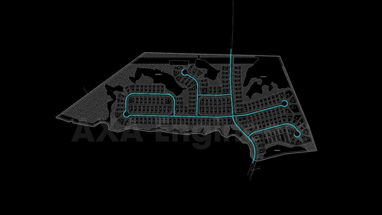 A black and white map of Tranquil Valley Development showcases the neighborhood layout with roads and house plots. Curved and straight streets, highlighted in blue, form a grid-like pattern against the black background, elegantly navigating terrain challenges.