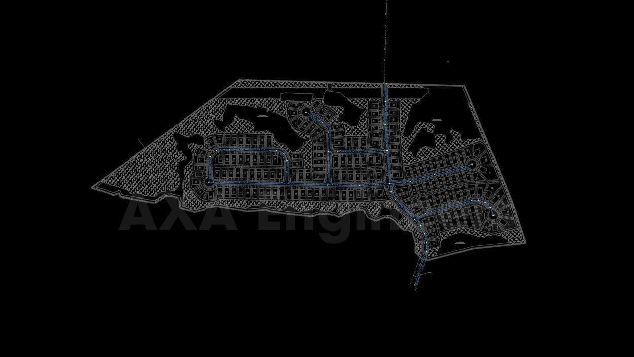Civil Engineering Outsourcing Set against a dark background, the detailed blueprint of a residential area is prominently displayed. The layout, highlighted with blue details, showcases roads, building plots, and infrastructure lines. This carefully crafted design exemplifies the success of outsourcing in civil engineering, illustrating a well-organized community plan.
