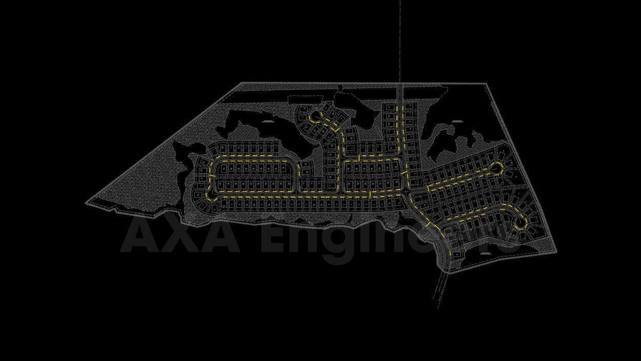 Civil Engineering Outsourcing Displayed on a black background, an intricate engineering diagram highlights street layouts with roads in bright yellow, arranged in a grid-like pattern of rectangular plots and circular areas. Labeled AXA Engineers Engineering, the diagram exemplifies the accuracy and expertise that outsourcing civil engineering services can provide for urban design projects.