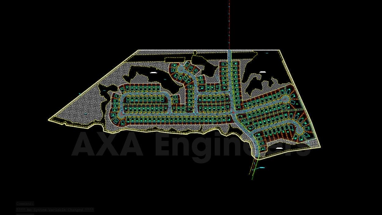 A detailed aerial view of the planned Tranquil Valley Development residential area reveals a grid of streets and numerous lots. The layout, set against a black background with colored lines for roads and boundaries, highlights the expertise of AXA Engineers Engineering in overcoming terrain challenges.