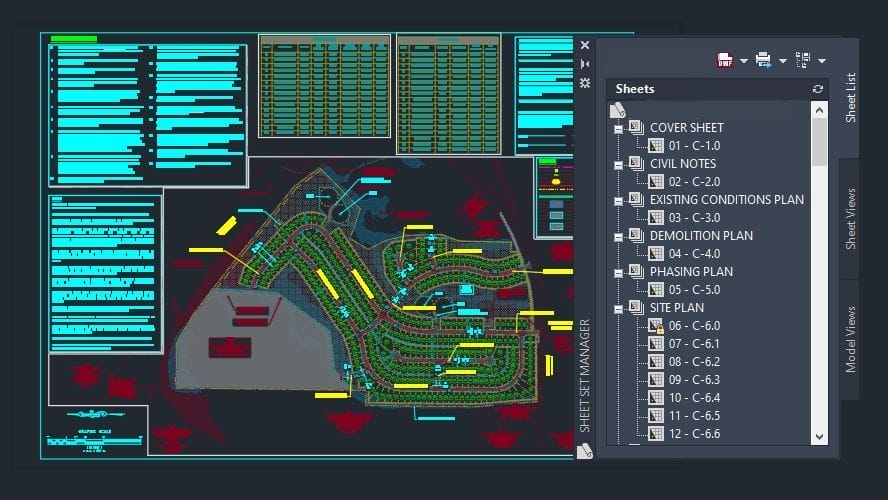 An architectural design blueprint is displayed on a computer screen, showcasing colorful lines and shapes that reflect an innovative housing development plan. On the right, a list of sheet names outlines various plans labeled C1.0 to C6.5, thoughtfully integrating terrain considerations.