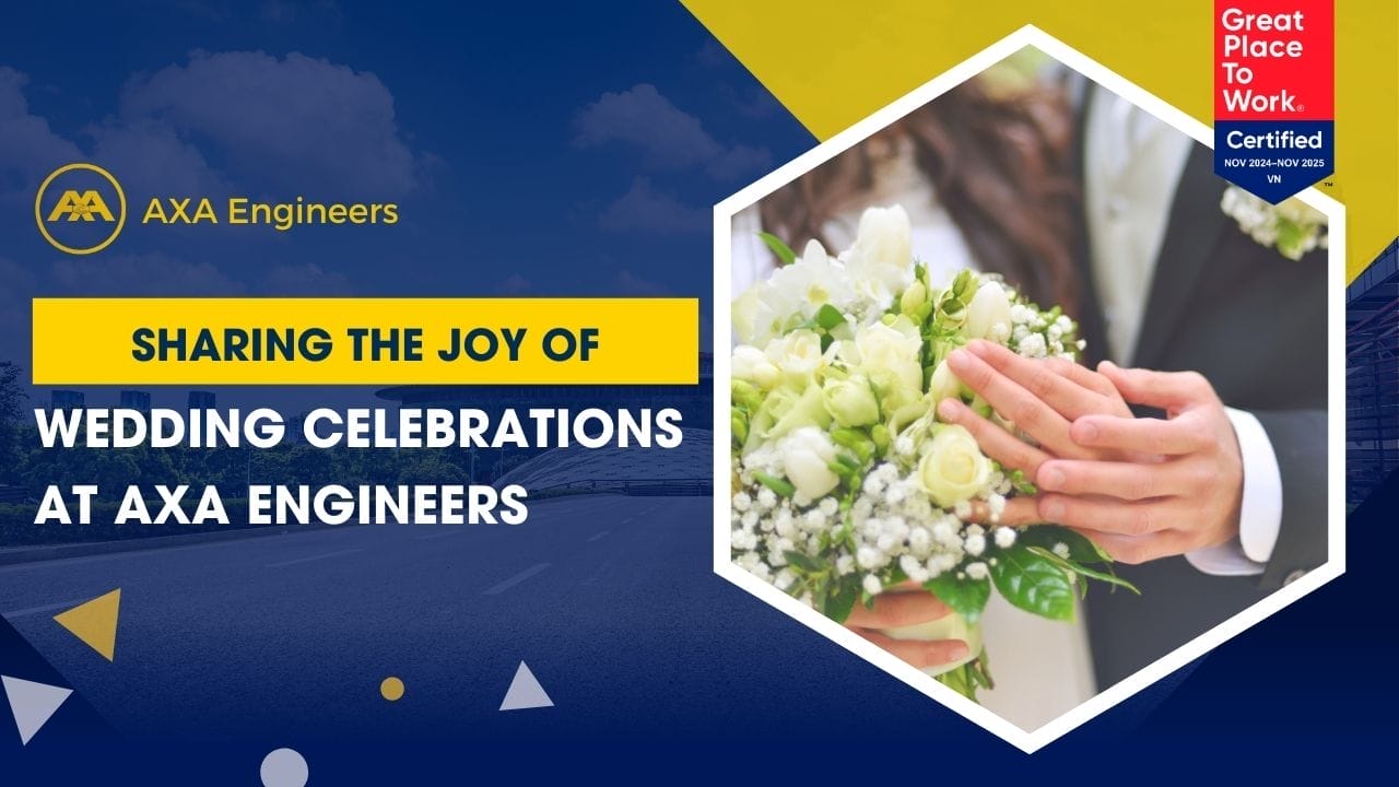 A banner for AXA Engineers captures the joy of wedding celebrations, showcasing a person holding a bouquet of white flowers beside a Great Place to Work certification badge.