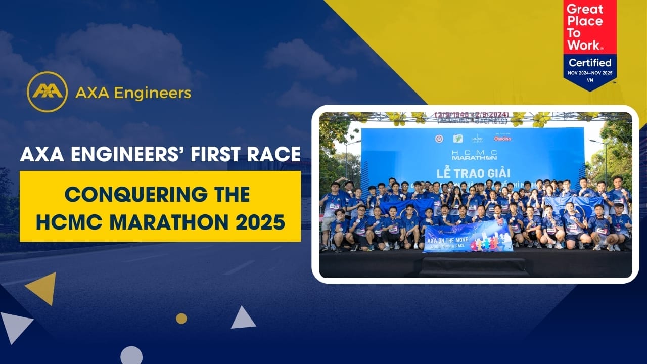 Group photo of spirited AXA Engineers in blue shirts at the vibrant HCMC Marathon 2025, set against a backdrop showcasing the event name. The image proudly features the company logo and the Great Place to Work certification in the top right corner.