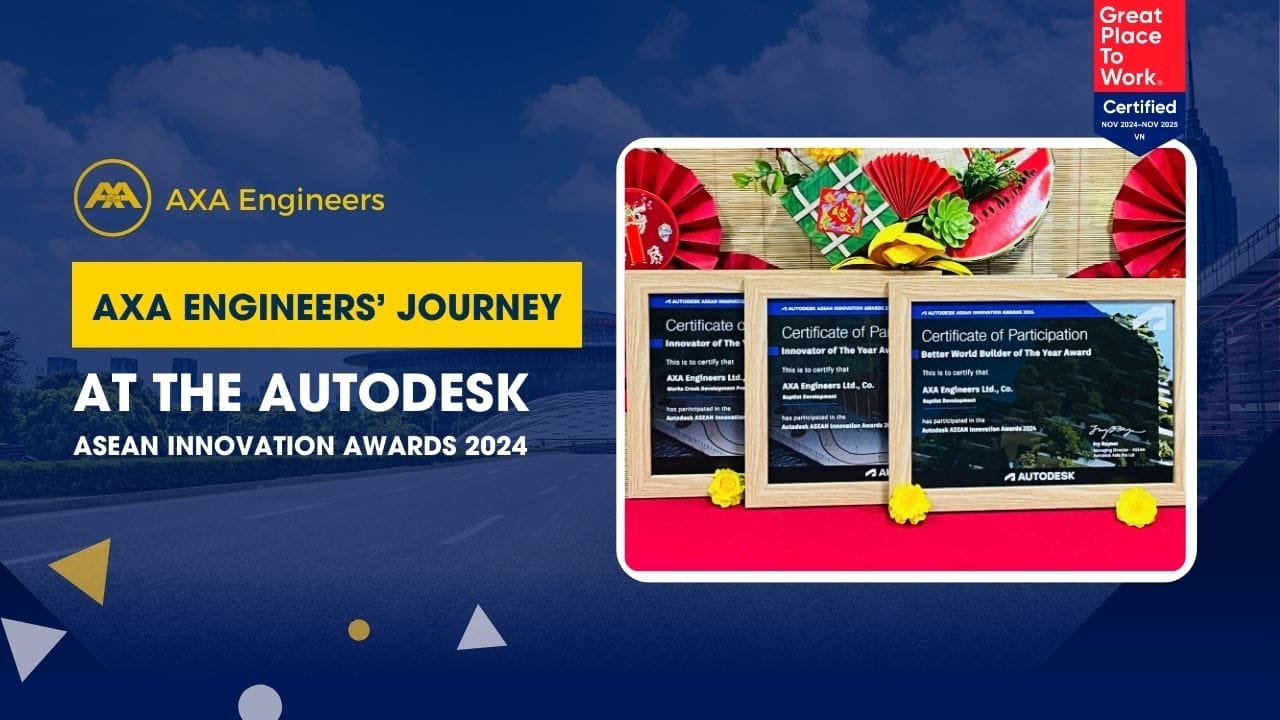 Promotional image for AXA Engineers at the Autodesk Innovation Awards 2024. It features three certificates of participation on a wooden stand adorned with decorative fans and flowers. A Great Place to Work certification badge is showcased in the top right corner.