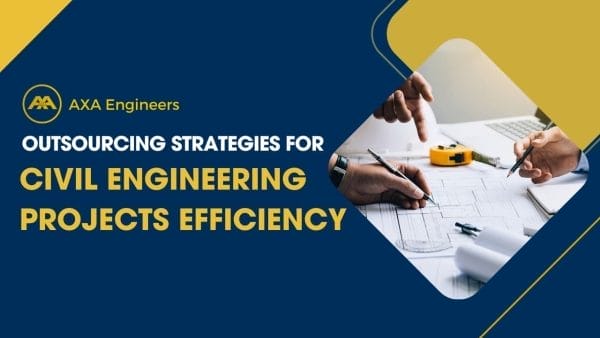 Promotional graphic for AXA Engineers featuring text: Outsourcing Strategies for Enhanced Civil Engineering Projects Efficiency. Includes an image of hands working over blueprints with tools like a tape measure, pen, and calculator.