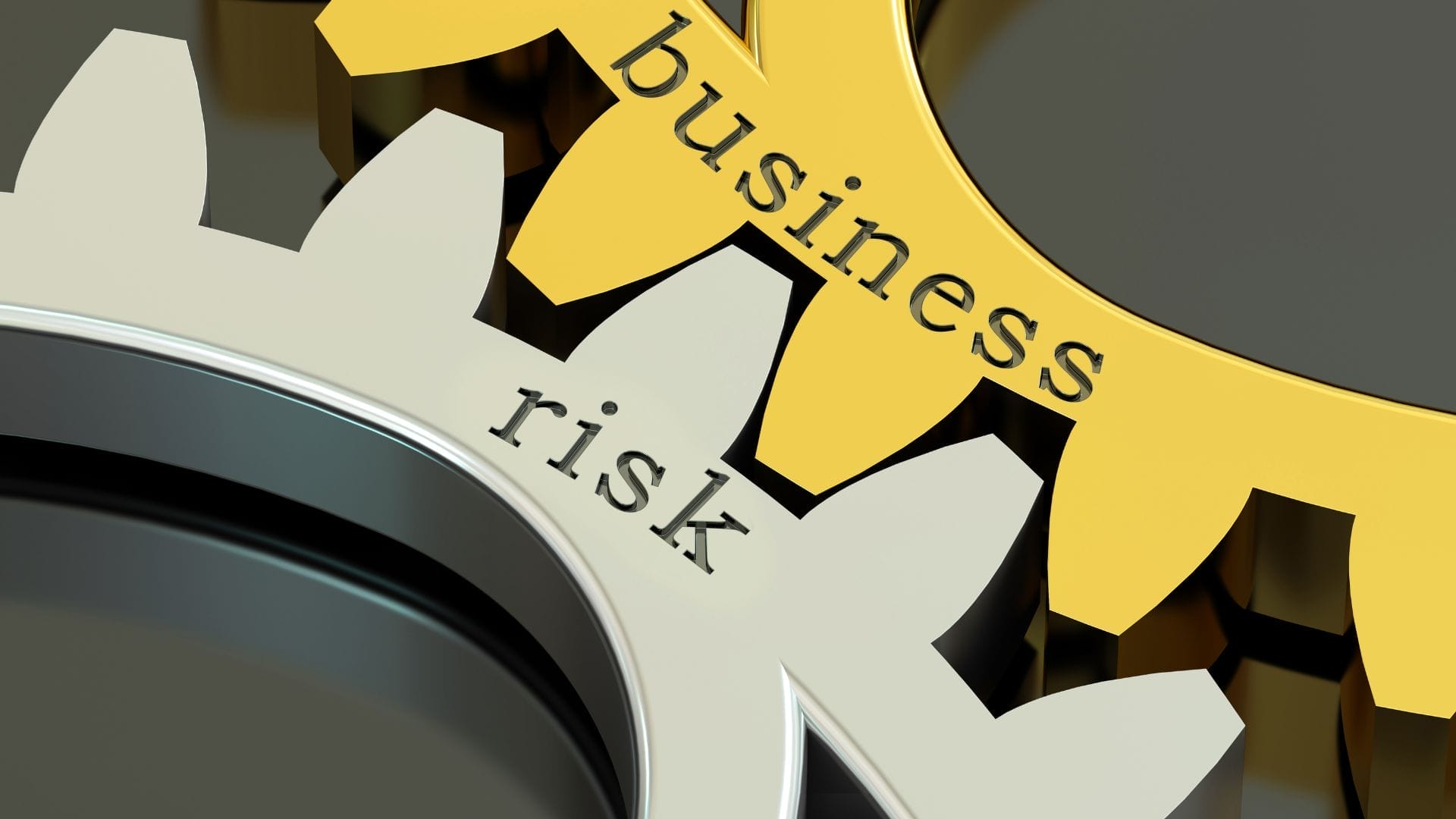 Close-up of two interlocking gears, one gold labeled business and the other silver labeled risk, echoing the intricate dynamics in civil engineering projects. The image symbolizes the interconnectedness of business operations and risk management.
