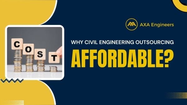 A hand places lettered blocks spelling COST on stacks of coins, illustrating why Civil Engineering Outsourcing is Affordable. The AXA Engineers logo is prominent, framed by yellow and blue design elements.