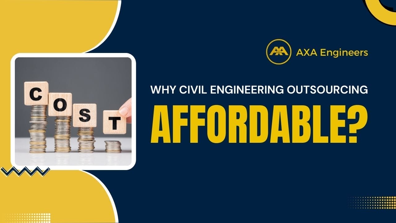 A hand places lettered blocks spelling COST on stacks of coins, illustrating why Civil Engineering Outsourcing is Affordable. The AXA Engineers logo is prominent, framed by yellow and blue design elements.