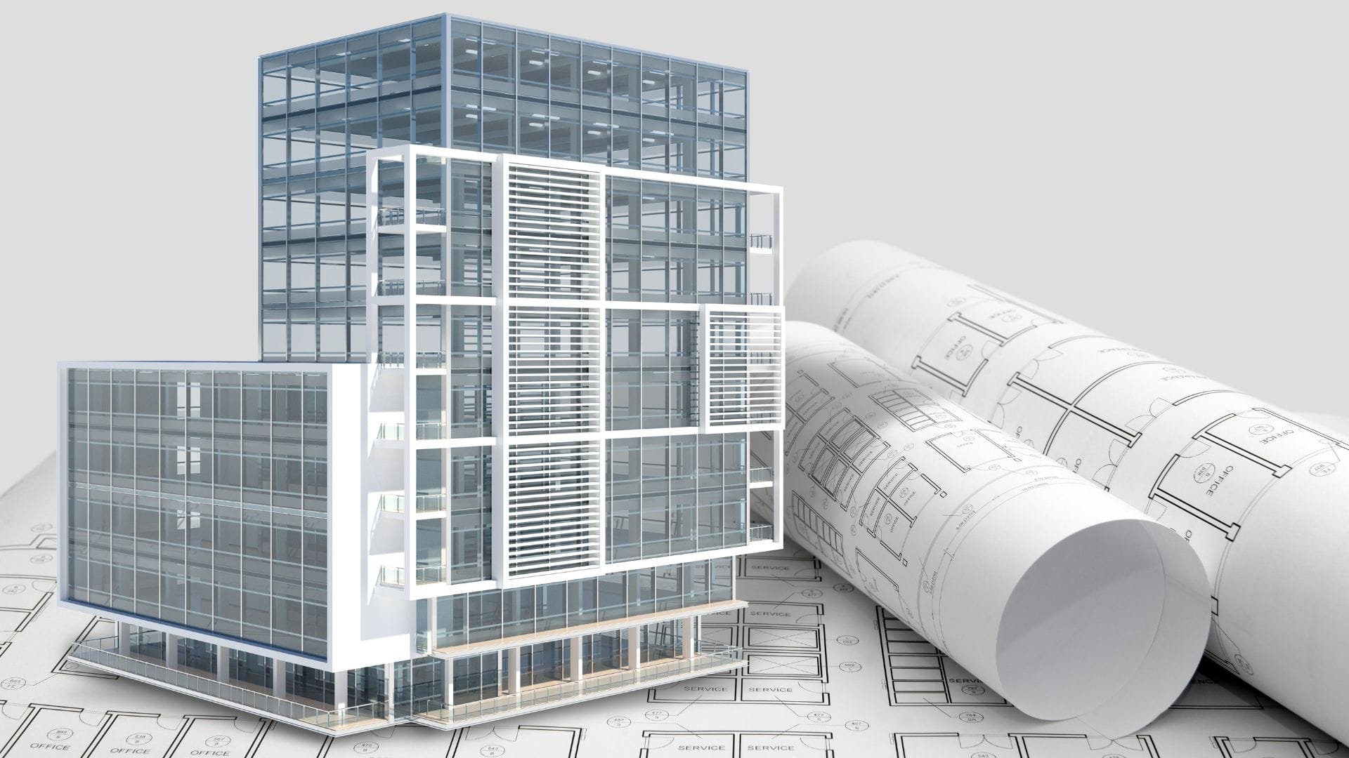 A digital rendering of a modern glass building with white structural accents stands atop architectural blueprint plans. Rolled-up blueprints, hinting at future trends in civil engineering, are visible in the background, suggesting a concept for future construction.
