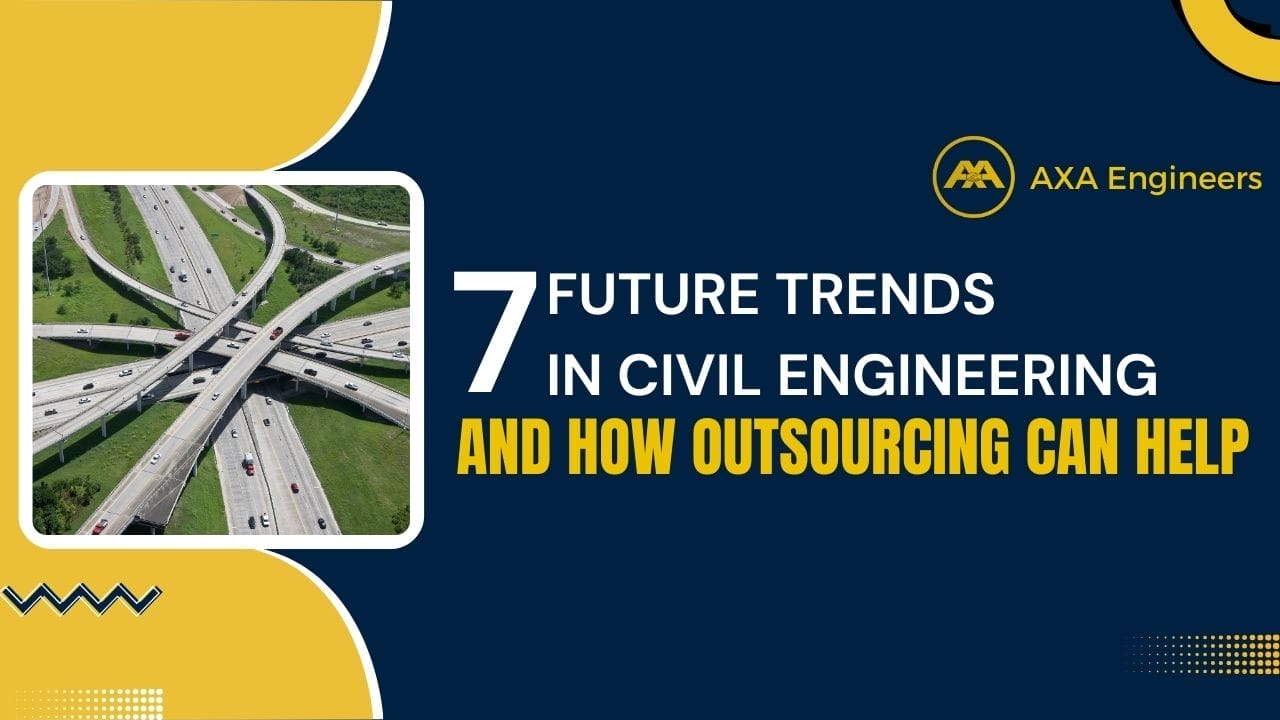 Image of a complex highway interchange with multiple lanes. Text reads AXA Engineers - Exploring Future Trends in Civil Engineering and How Outsourcing Can Help in bold letters. The background features vibrant yellow and blue design elements, highlighting civil engineering trends.