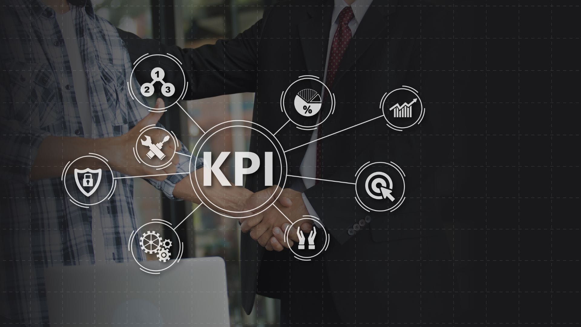 Two people shaking hands, overlaid with business icons and the acronym KPI in the center. Icons include a pie chart, graph, magnifying glass, gears, wrench and screwdriver, shield, and group of people—symbolizing success in outsourcing and quality control KPIs for civil projects.