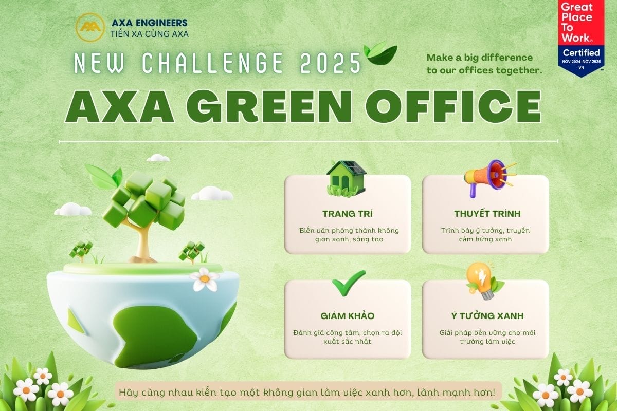 An illustration showcases the New Challenge 2025: AXA Engineers Green Office, emphasizing Green Identity. It features icons for decoration, presentation, inspection, and eco-friendly ideas on a green floral background, accompanied by logos and a Great Place to Work badge.
