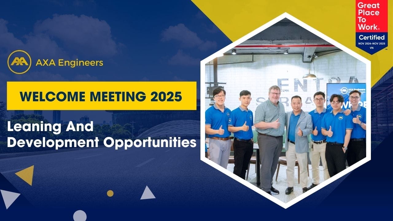 Inside a building, a group gives thumbs up, clad mostly in blue shirts with one in gray. A Great Place to Work badge complements the backdrops welcoming text for the AXA Engineers Welcome Meeting 2025, highlighting opportunities in learning and development.