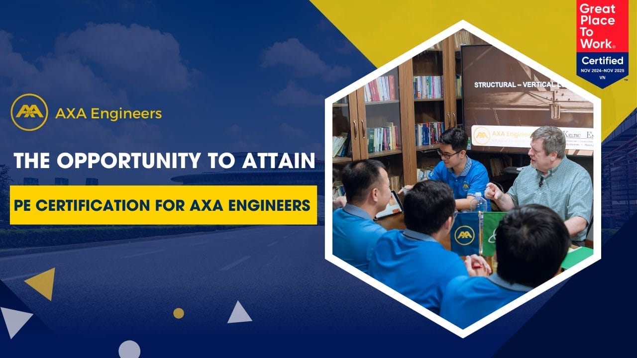 A group of AXA Engineers in blue shirts sits around a table discussing work. A sign behind them reads The Opportunity to Attain PE Certification for AXA Engineers. A badge proclaims, Great Place to Work Certified Nov 2023 - Nov 2024.
