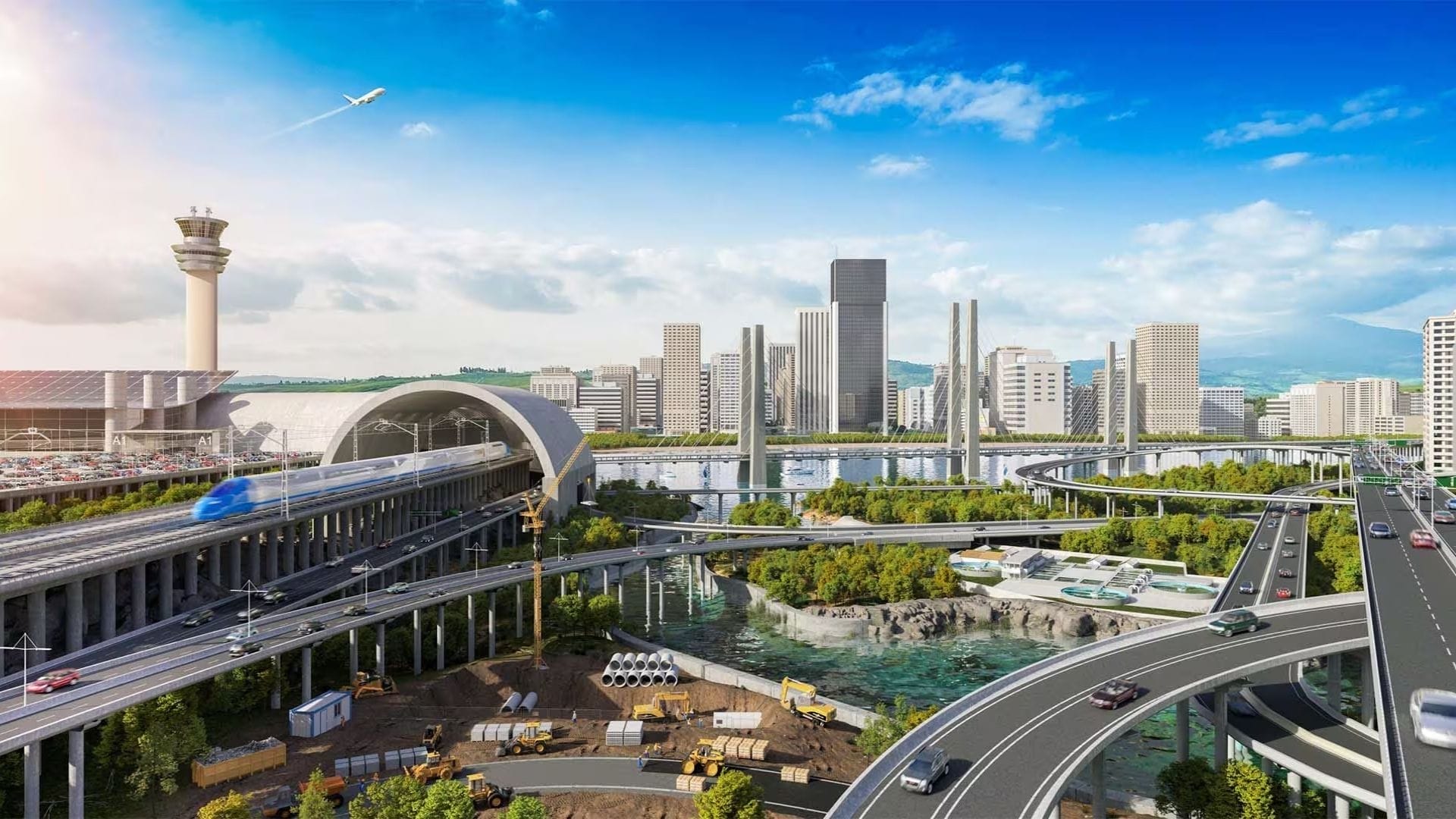 Set in 2025, a futuristic cityscape showcases modern skyscrapers crafted with cutting-edge architecture software. Highways buzz with activity as a high-speed train bursts from a tunnel, cars glide on elevated roads, and amidst it all, designers cleverly integrate green spaces and water below.