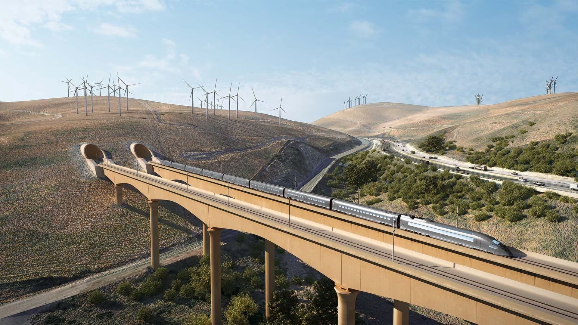 In 2025, a high-speed train glides across a modern viaduct in a hilly landscape, showcasing the prowess of architecture software. Wind turbines turn gracefully on the hills under the clear blue sky. Roads and sparse vegetation weave below and around the elegant viaduct.