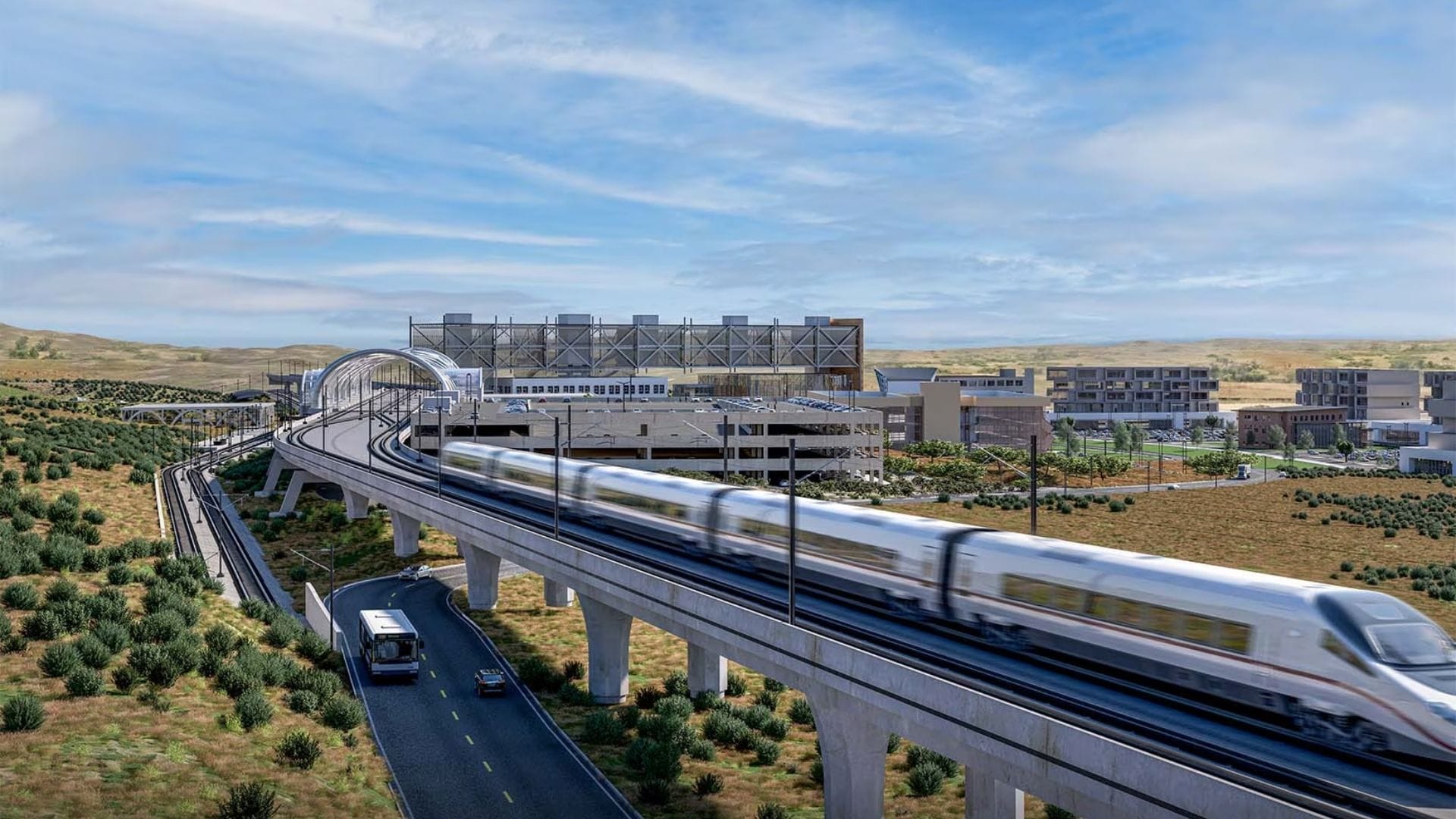 A high-speed train races along its elevated track through the desert landscape of 2025. In the background, modern skyscrapers designed by visionary architects rise against a blue sky with scattered clouds, while a road bustling with vehicles parallels the futuristic spectacle.
