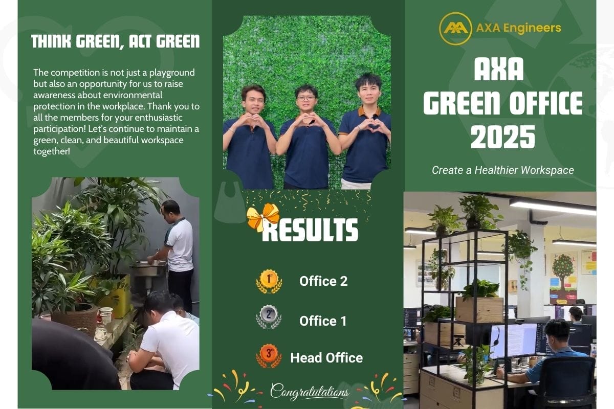 AXA Green Office Competition 2025: When Green Becomes an Identity 5 A promotional poster for AXA Green Office 2025 by AXA Engineers features eco-friendly messages, three people making heart symbols, and highlights a sustainable workplace initiative. The AXA Green Office Competition showcases plants, desks with computers, and emphasizes our collective green identity.
