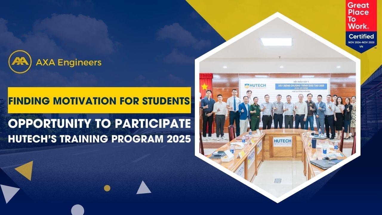 Promotional image for AXA Engineers highlighting the secrets of the HUTECH Training Program 2025. A group of motivated students stands in a conference room, with the Great Place to Work certified logo proudly displayed in the corner.