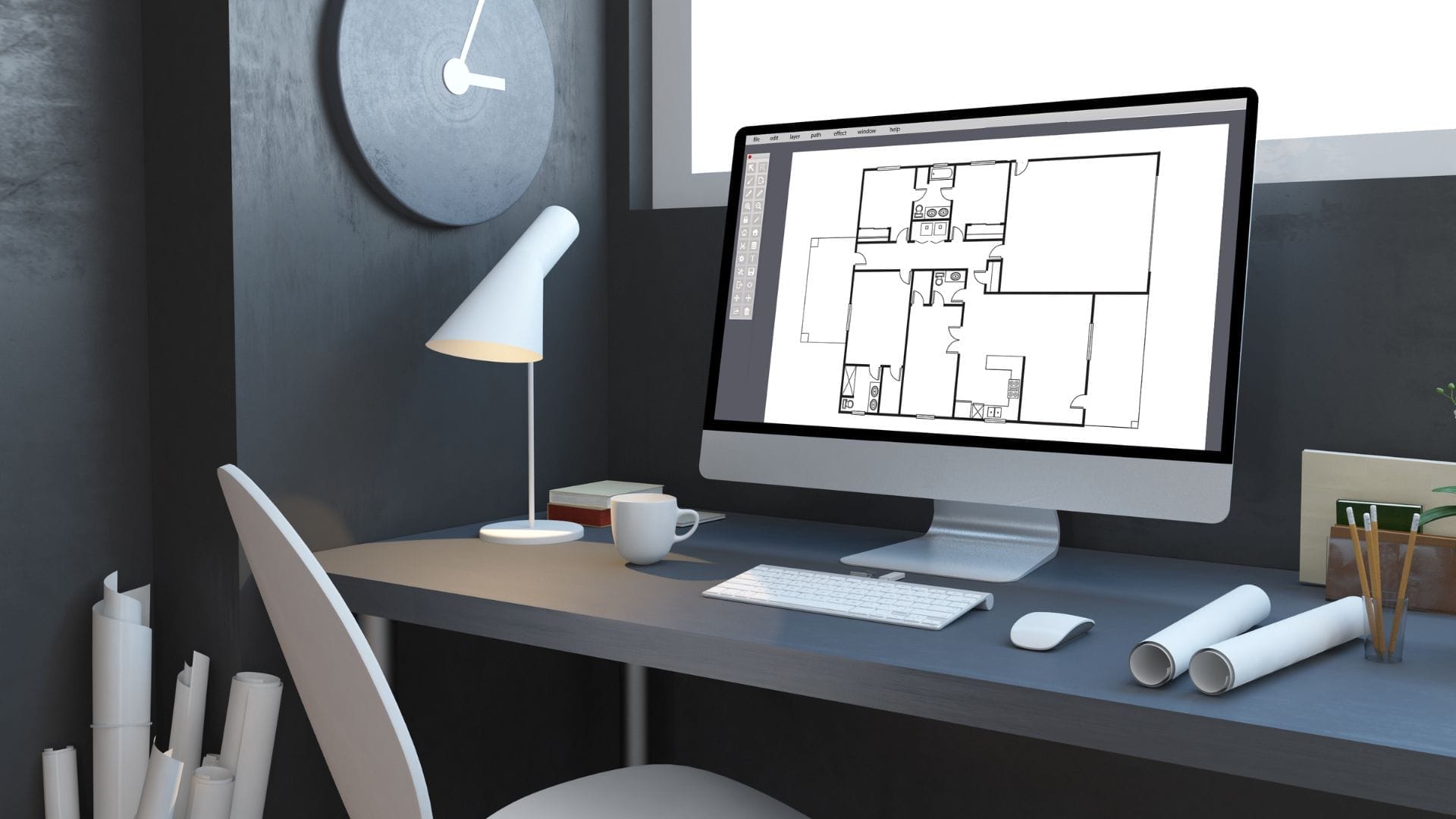 How Outsourcing Is Expanding Capabilities in Civil Engineering Companies 7 Civil Engineering Outsourcing A modern workspace highlights the advantages of civil engineering outsourcing, featuring a desk equipped with a lamp, keyboard, and rolled-up blueprints. On the computer screen, an advanced building floor plan illustrates enhanced capabilities achievable through outsourcing. The scene is completed by a wall clock and window in the background.