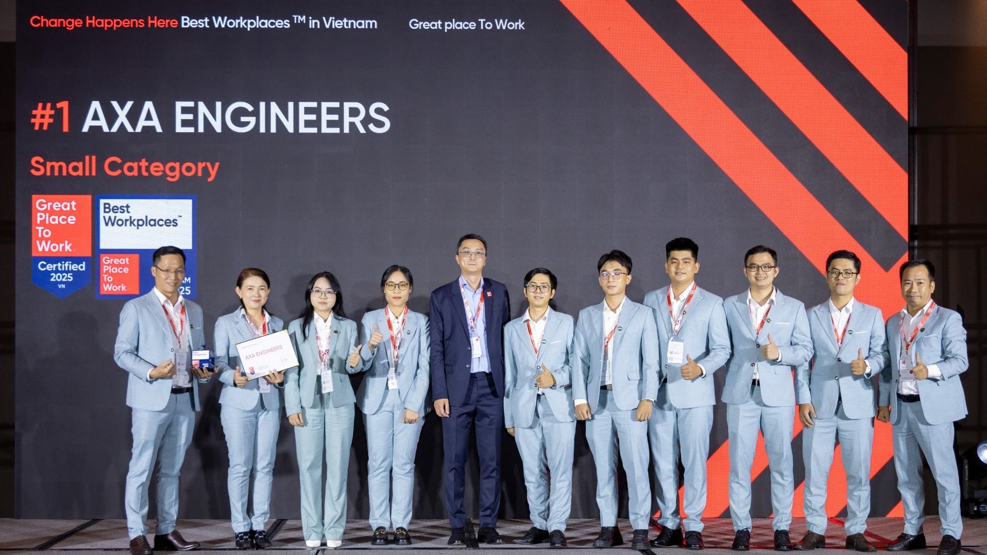 AXA Engineers Proudly Ranked Top 1 Best Workplaces in Vietnam™ 2025 (Small Category) 6 Civil Engineering Outsourcing A team of eleven professionals in coordinated light gray suits stand side by side on stage, smiling and giving thumbs up. Behind them, a large screen highlights “#1 AXA ENGINEERS,” “Best Workplaces Vietnam 2025,” and prestigious “Great Place to Work” awards—demonstrating their leadership in civil engineering outsourcing.