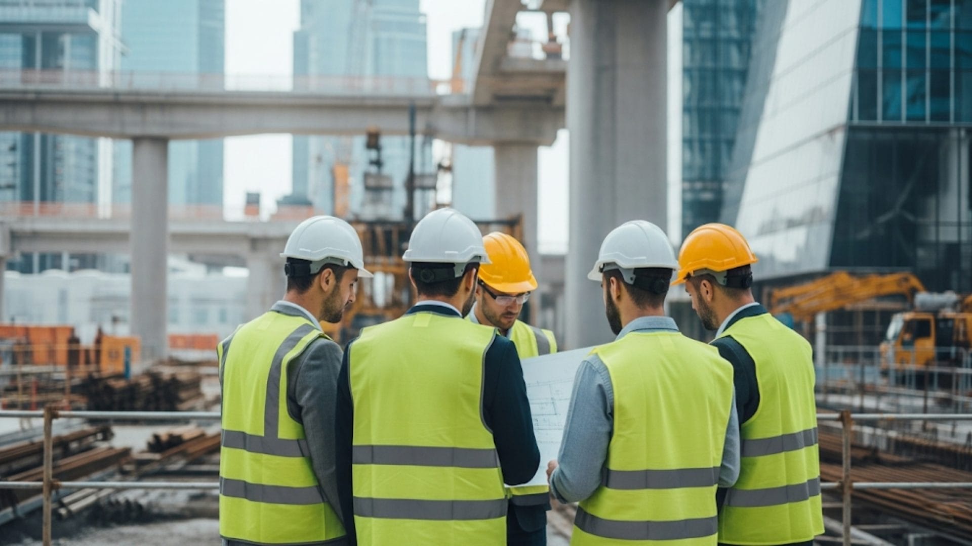 Civil Engineering Outsourcing Five construction workers wearing safety helmets and reflective vests stand at a building site, reviewing blueprints—a scene that highlights the role of civil engineering outsourcing in driving innovation within the construction industry. Tall modern buildings and advanced equipment can be seen in the background, emphasizing the impact of outsourced expertise on contemporary projects.
