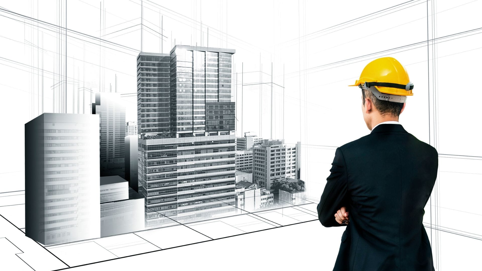 Civil Engineering Outsourcing A man in a suit and yellow construction helmet stands with arms crossed, observing a digital architectural rendering that highlights important factors in civil engineering outsourcing, set against a white background with blueprint lines.